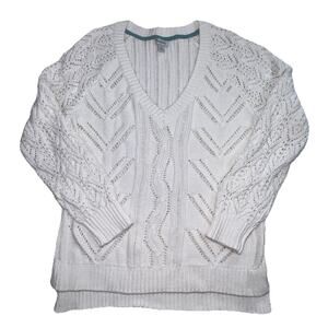 Sundance Cable-Knit Sweater Size S White V-Neck Knit Cotton Blend Pullover Beach